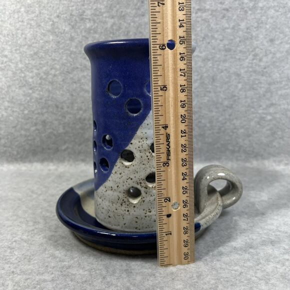 Pottery Candlestick Holder With Luminary Votive Shade Stoneware Blue Glaze 2 Pc - Picture 11 of 14